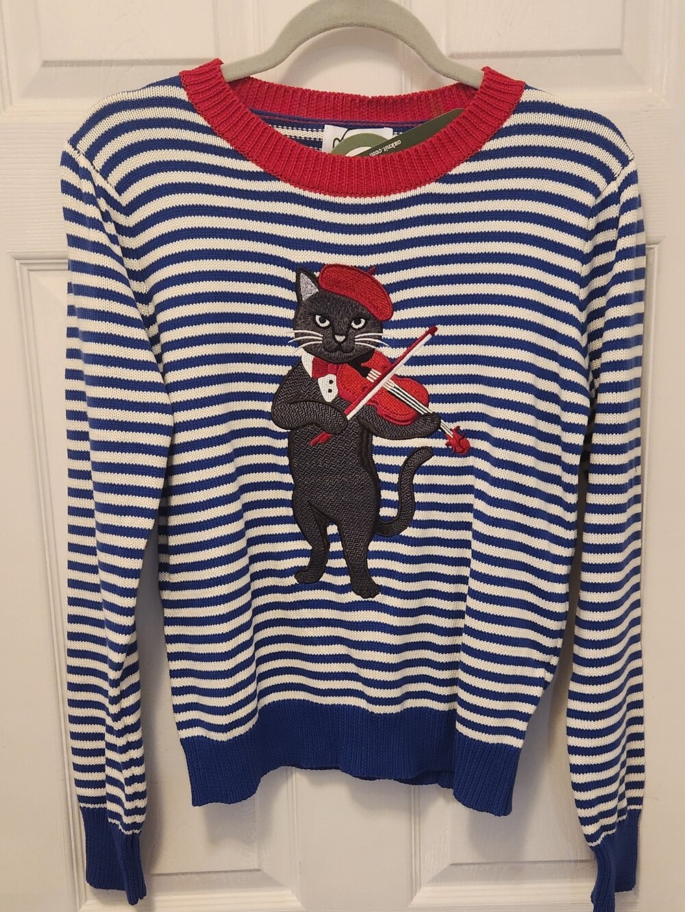 Oxknit NWT Striped Blue & White Sweater with Red Accent and Cat Violin Motif